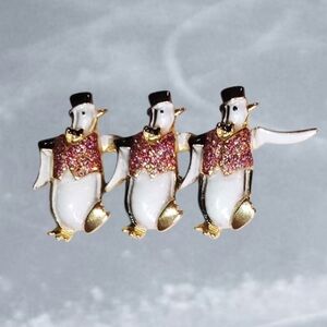 3 Dancing Penguins With Formal Top Hat And Tails Red Purple Glittery Vest Brooch